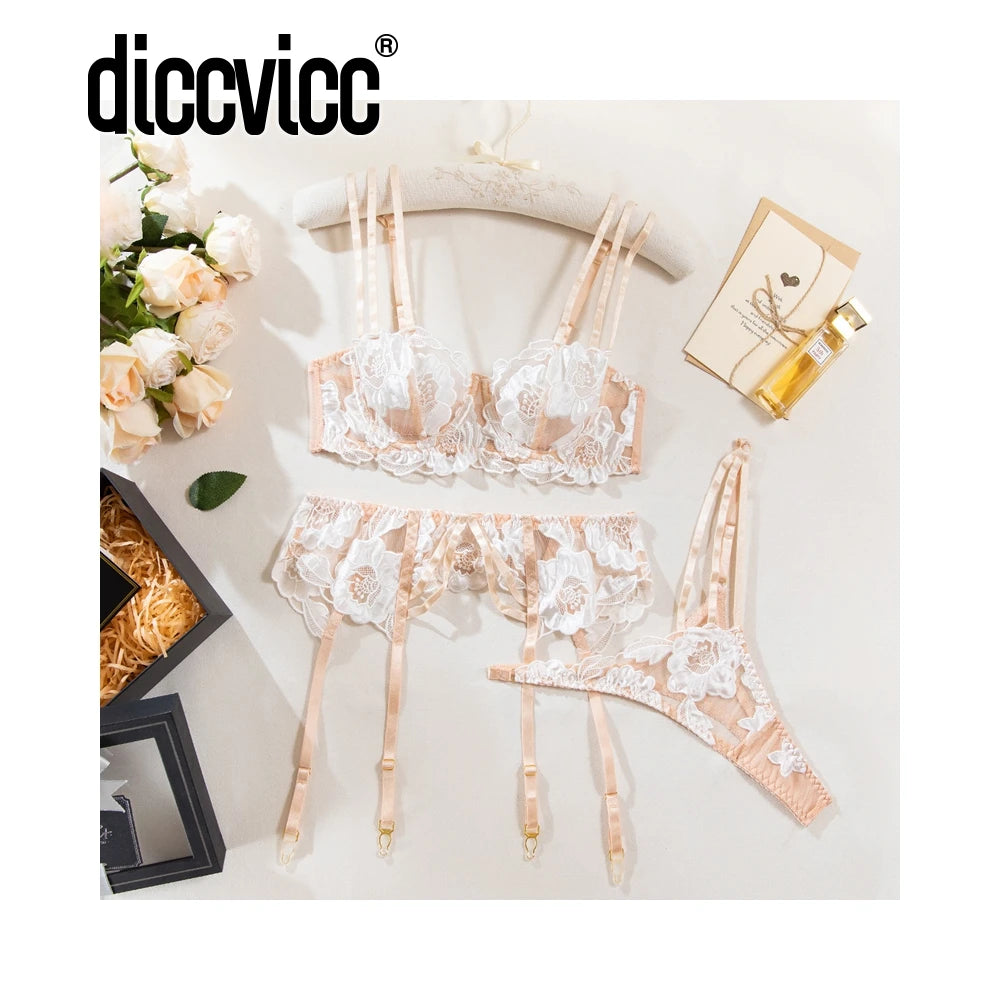 Diccvicc Floral Embroidery Mesh Lingerie Set