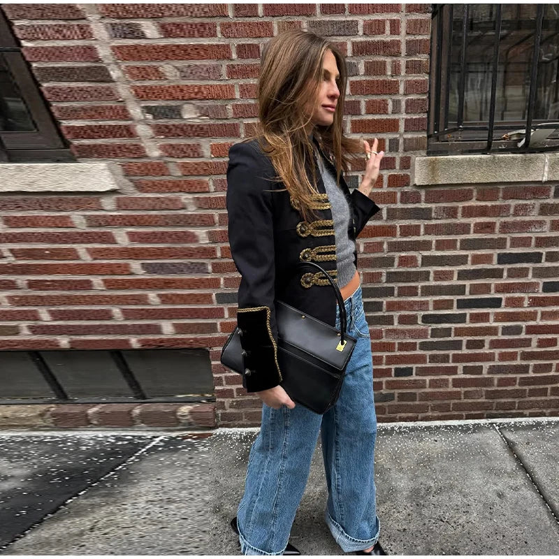 Napoleon Golden Short Jacket Women Vintage Stand Collar Long Sleeve Cropped Jackets 2026 Spring New Lady Outwear High Street