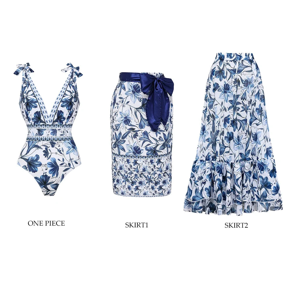 FLAXMAKER Lace‑Up V‑Neck Ruffle Monokini & Sarong