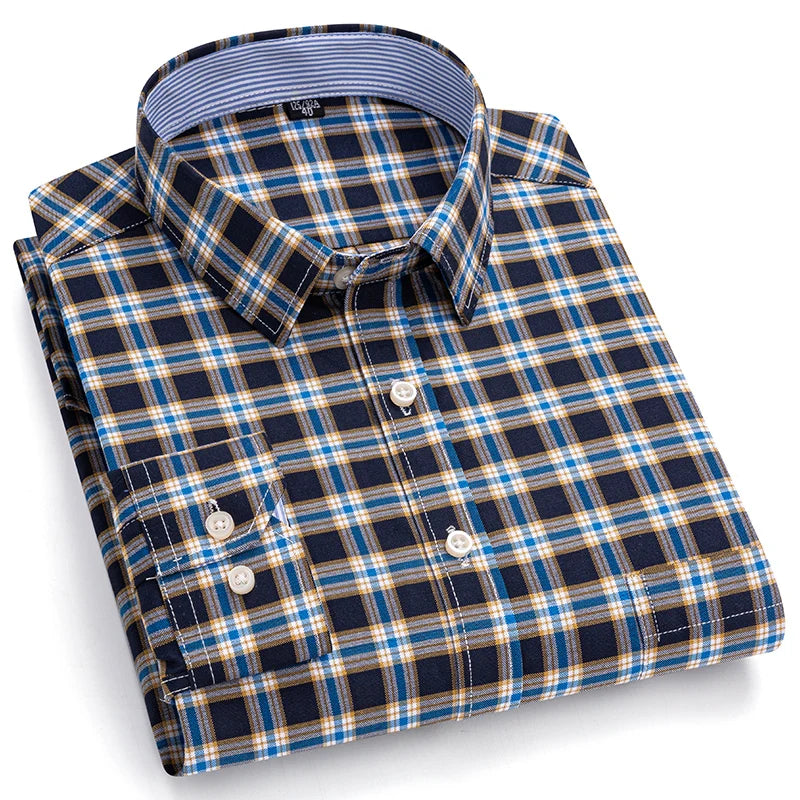 2024 New Quality Men's Social Shirt Long Sleeve 100% Pure Cotton Oxford Soft Plaid Formal Male Clothes Oversized Shirt S-7XL