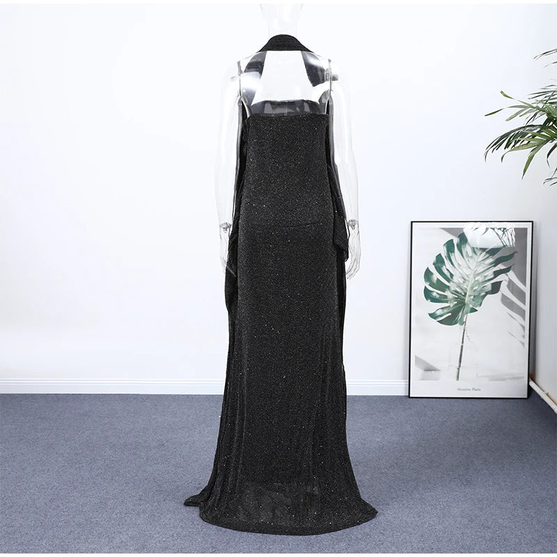 Sexy Ribbon Sparkle Strapless Draped Maxi Dress Women Sleeveless Backless Bodycon Long Dresses 2025 New Lady Club Party Robes