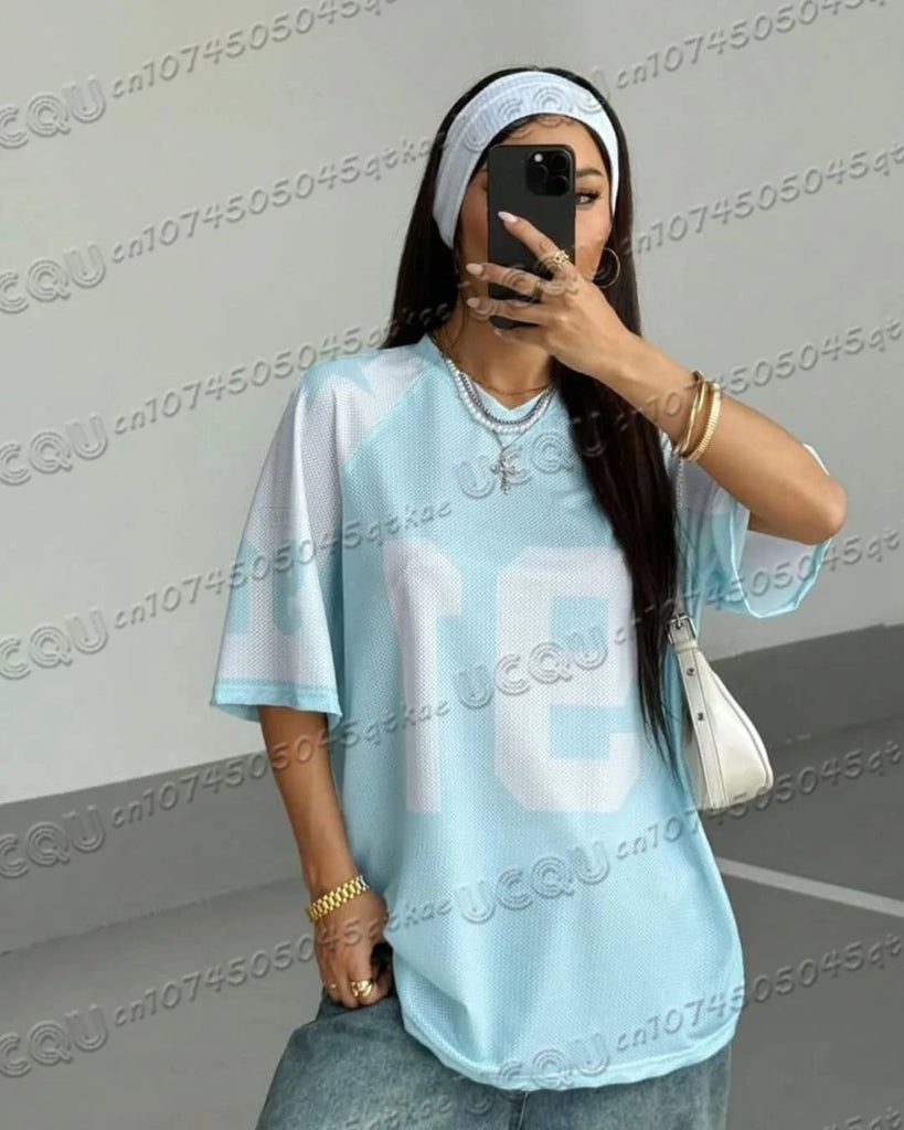 Oversized T-shirt For Women V-Neck Short Sleeve Summer Patchwork Speed 91 Printed Streetwear Tops Casual Football Jersey Y2k Tee