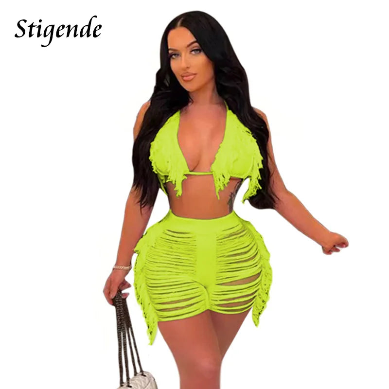 Stigende Women Fringe Tassel Bikini Shorts Set Hollow Out Jamaican Crochet Swimwear Summer Beach Knitted Cover Up Swimsuit