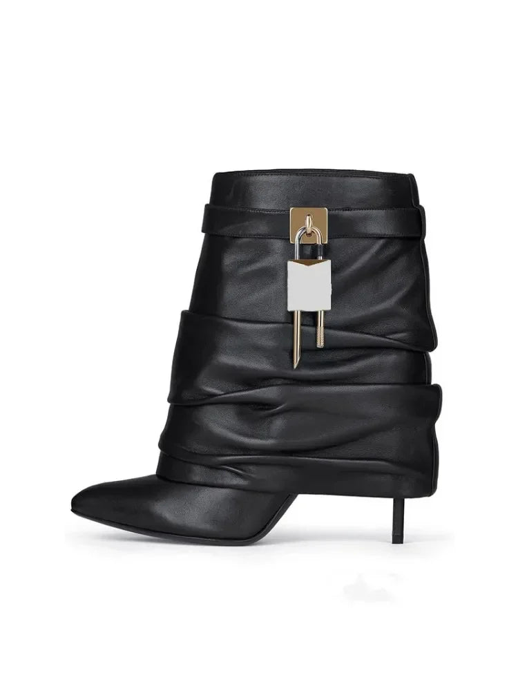 New Women's Leather Ankle Boots with Metal Buckle, Pointed Toe & Slender High Heel - Wide Shaft Short Bare Boots