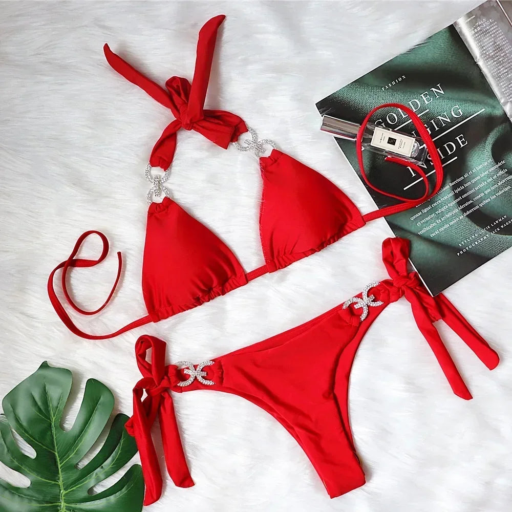 Women’s Push‑Up Crystal Strap Bikini – Shiny 7‑Color Two‑Piece Brazilian Swimsuit, Summer Beachwear