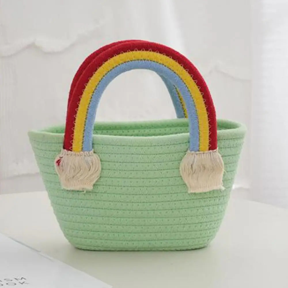 Rainbow Cotton Rope Woven Bag Handbag Girls Handmade Desktop Storage Basket Cosmetic Organizert Box Picnic Basket