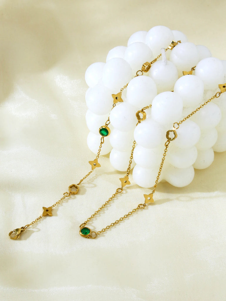 1 piece 18k gold plated fashion light luxury stainless steel lucky flower inlaid green zirconia necklace bracelet ladies jewelry