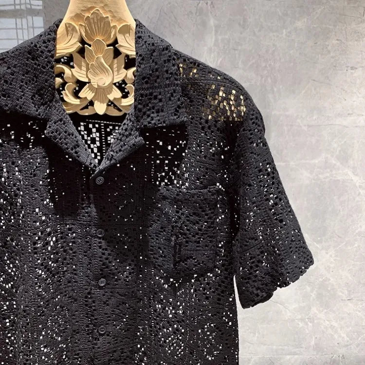 Summer Mens Hollow Out Crochet Beach Shirt Short Sleeve Single Breasted Loose Fit Tops Vintage Breathable Night Clubwear Shirts