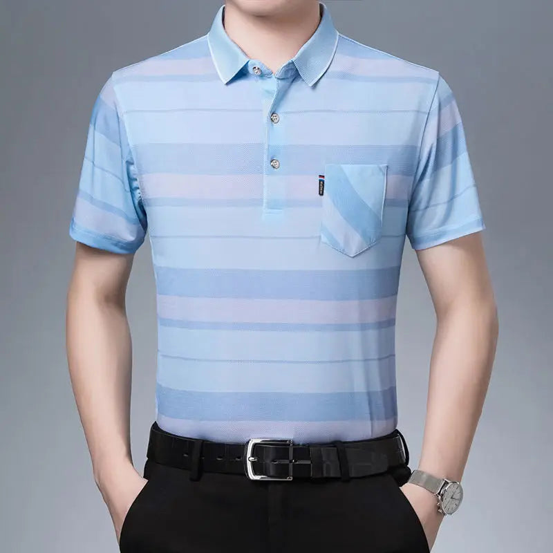 New Summer Men's Short Sleeved T-shirt Ice Silk Middle Aged Lapel Polo Shirt