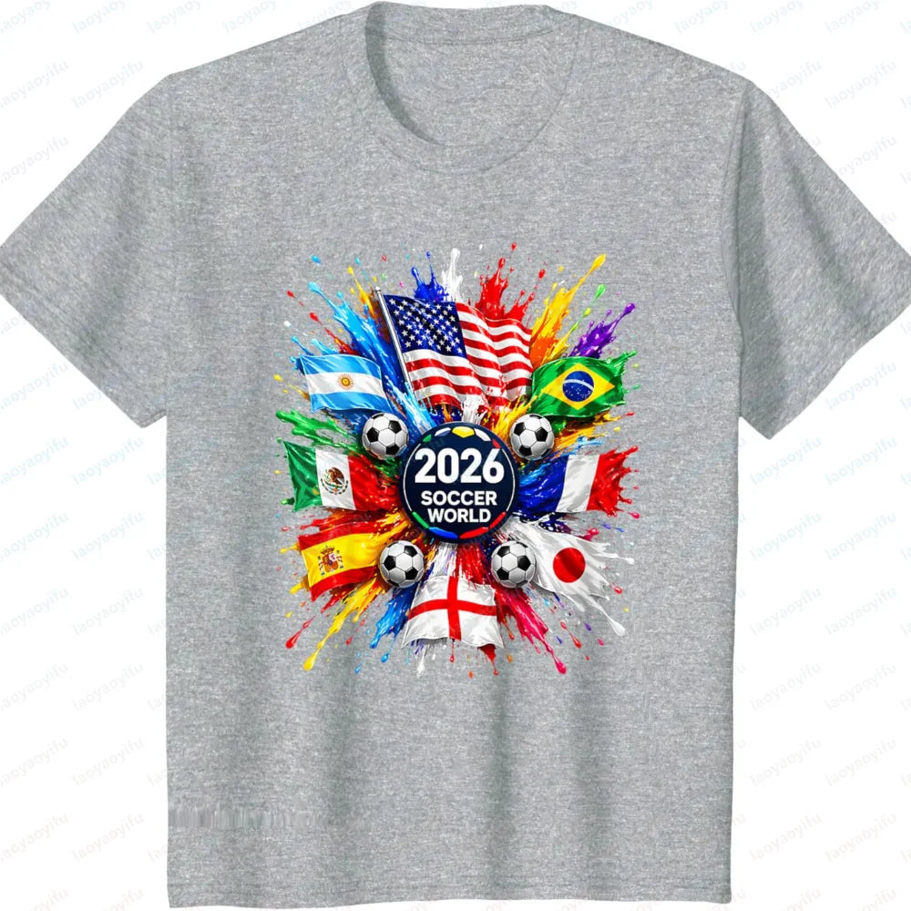 Men’s 2026 Soccer T‑Shirt — World Flag Color Splash Football Print Crew Neck Tee