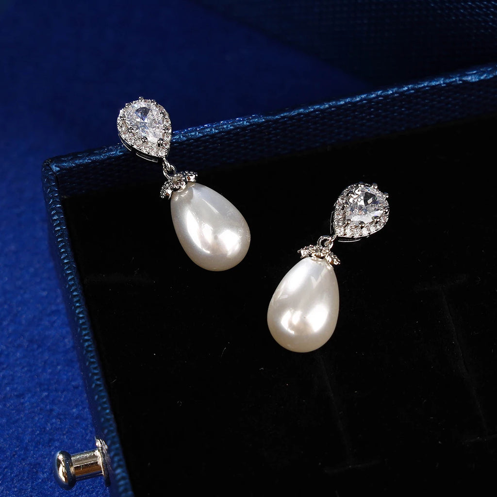 Ladies cubic zirconia pearl pendant earrings, bridesmaid bride teardrop leaf rhinestone wedding bridal earrings prom jewelry