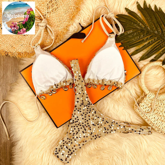 Melphieer 2026 Sparkle Shell Bikini – Designer‑Inspired Tie Bikini Set for Women’s Summer Beach Holidays