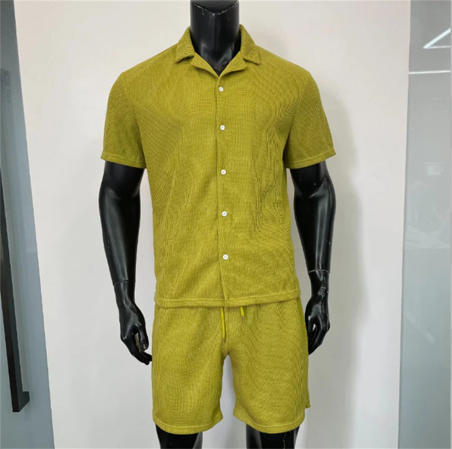 Breathable Knitted Men‘s Shorts Set Summer Casual Short Sleeve Shirt and Shorts Two Piece Suits Men Outfits Sports Clothes