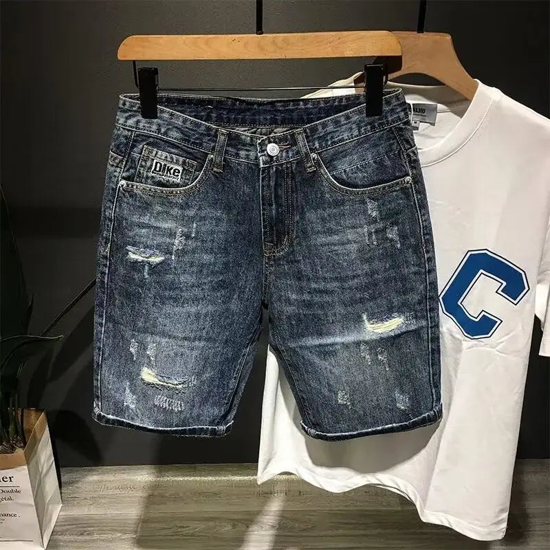 High-end 2025 New Luxury Clothing Trendy Men's Denim Shorts Loose Straight Ripped Hole Distressed Washed Cargo Short Pants