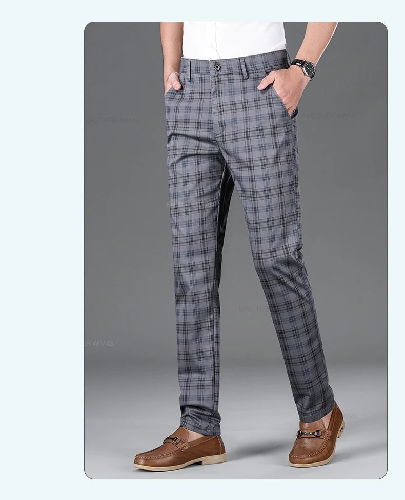 Slim‑Fit Plaid Cotton Pants