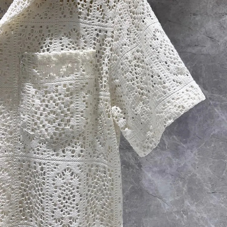 Summer Mens Hollow Out Crochet Beach Shirt Short Sleeve Single Breasted Loose Fit Tops Vintage Breathable Night Clubwear Shirts