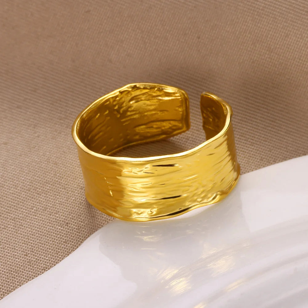Minimalist Textured Stainless Steel Geometric Rings – Gold Open Adjustable Couple Ring for Women & Men