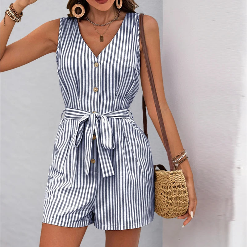 Europe and the United States summer hot selling new striped simple casual one-piece shorts woman