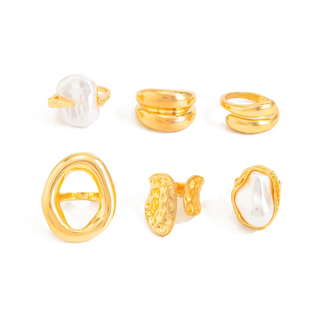 Ingemark 6‑Piece Boho Pearl & Metal Ring Set