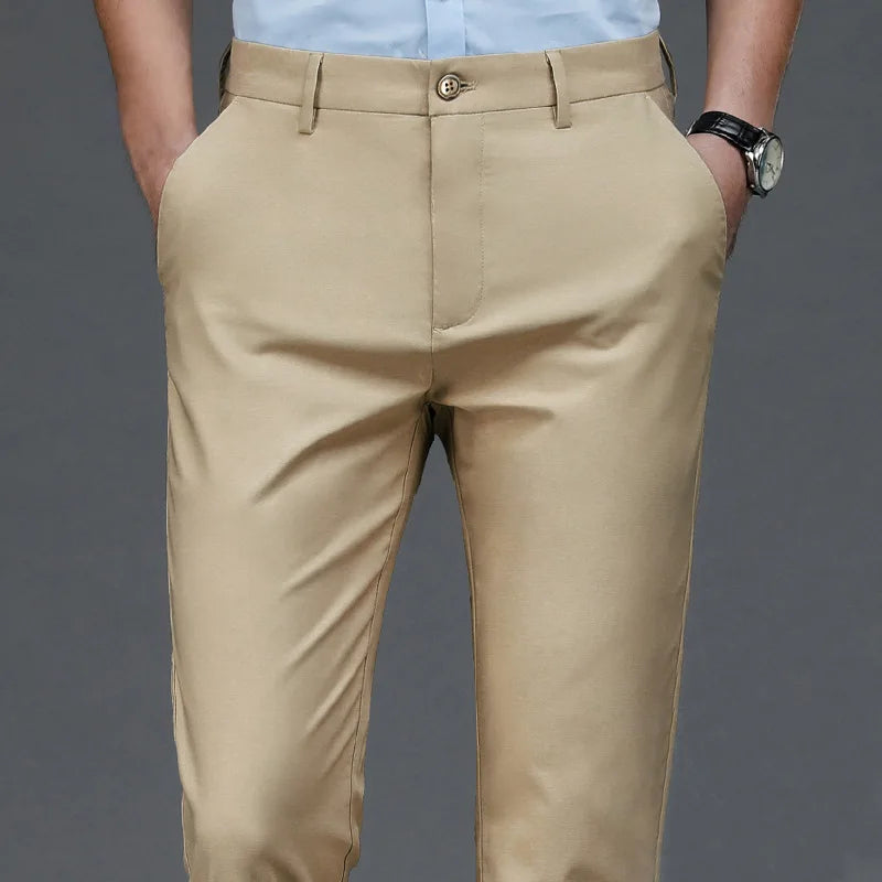 Men’s Stretch Smart Casual Pants – Solid Black Quick‑Dry Office Trousers, Korean Straight Fit for Spring & Autumn