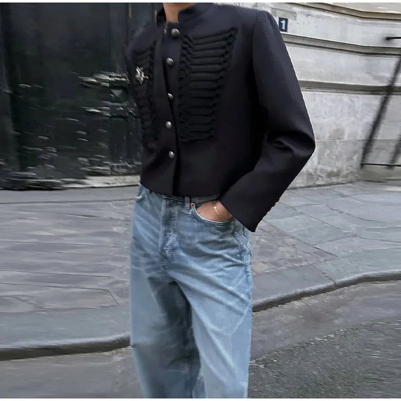 Napoleon Golden Short Jacket Women Vintage Stand Collar Long Sleeve Cropped Jackets 2026 Spring New Lady Outwear High Street