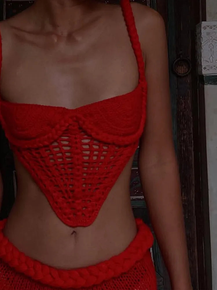 Women’s Crochet Halter Bikini Top & Fishtail Skirt Set – Hollow‑Out Backless Beachwear Outfit