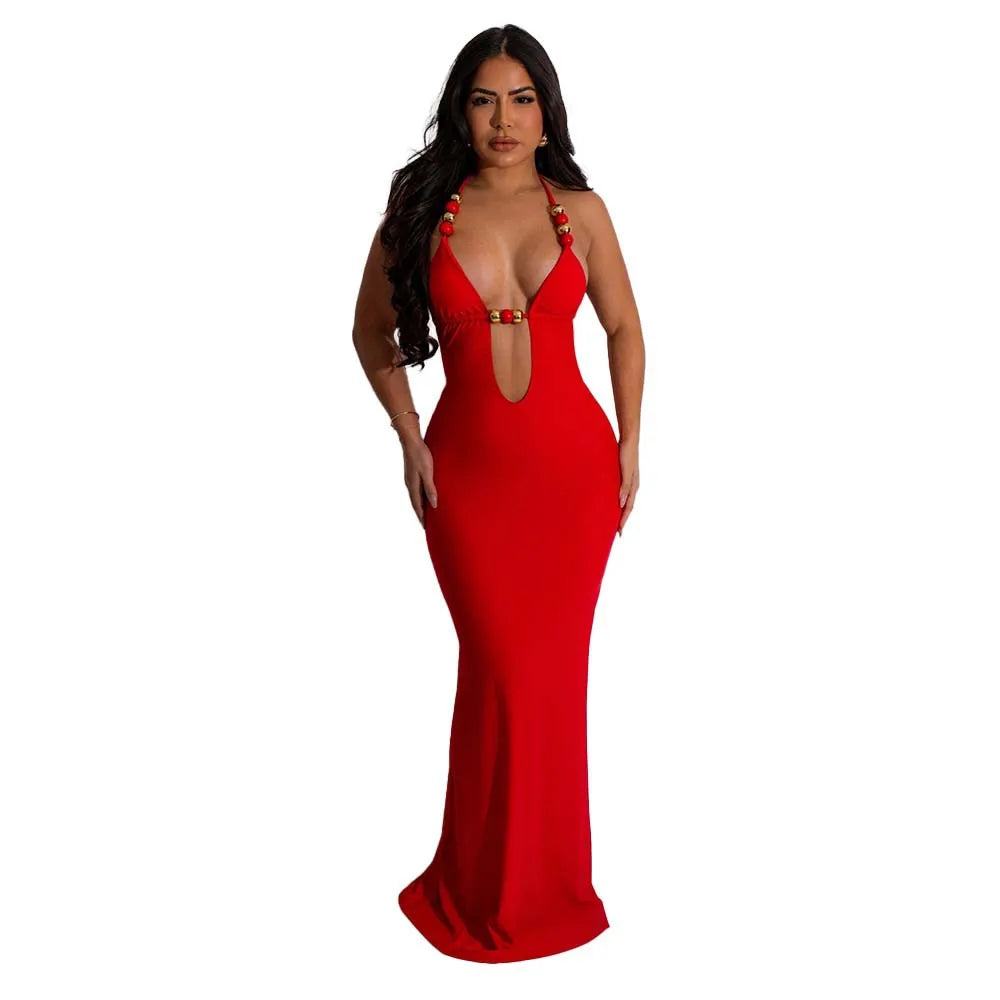 CM.YAYA Women Sleeveless Deep V-neck Halter Long Maxi Dress Summer Backless Beach Sexy Street Evening Night Club Party Dresses