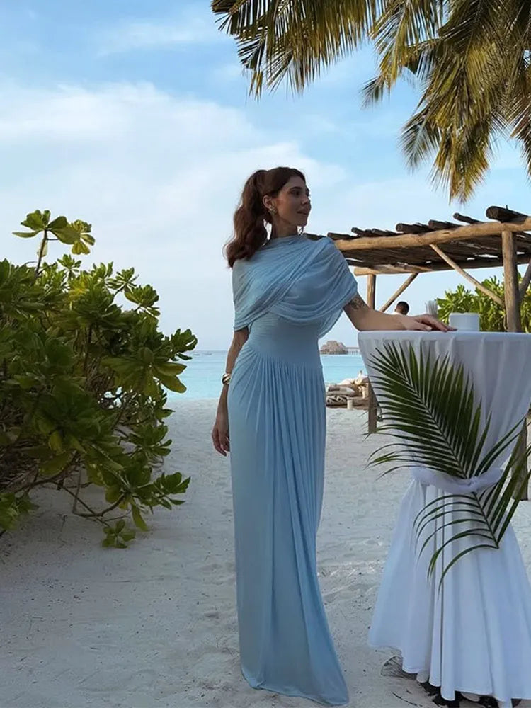 Irregular Shawl Blue Maxi Dress – Women’s 2025 Slim‑Fit Turtleneck Pleated Evening Party Dress