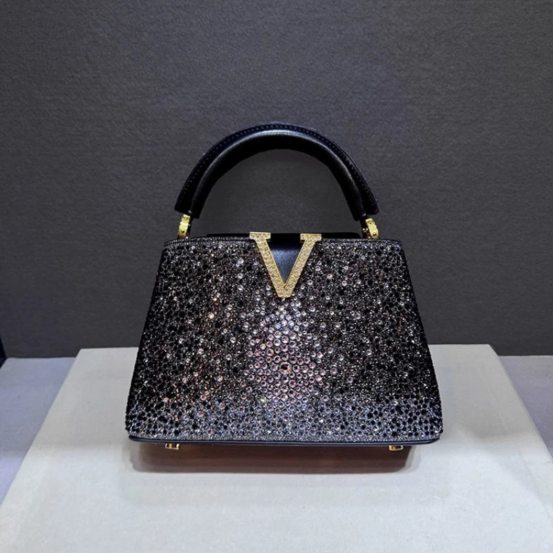 Luxury Brand Leather Diamond Handbag Rhinestone Shoulder Cross-body Tote Bags for Women Bolso Marca Lujo