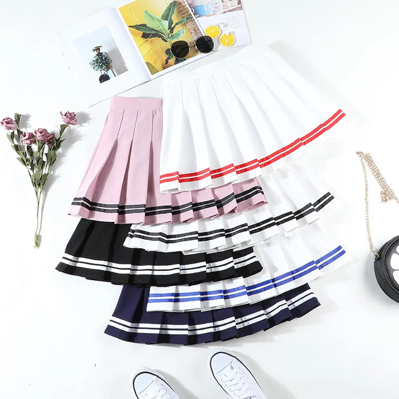 High‑Waist Elastic Patchwork Striped Pleated Mini Skirt