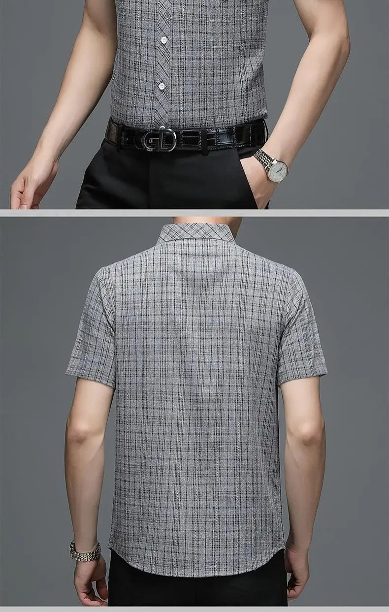 Grey Plaid Short‑Sleeve Button‑Down Shirt