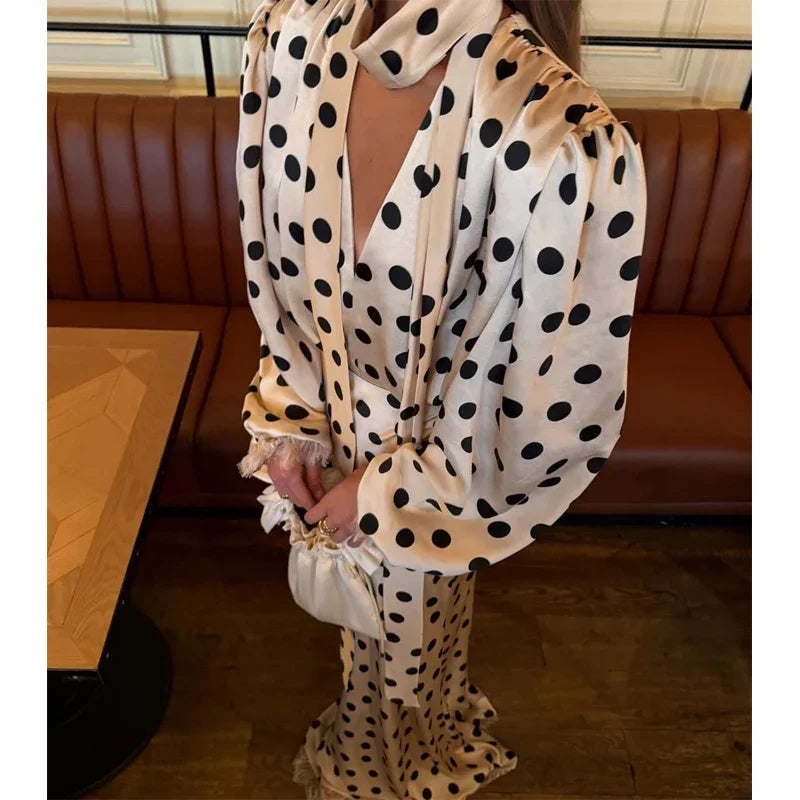 Black Polka Dot V Neck Shirt Skirt 2 Piece Set Elegant Women Long Sleeve Blouses With Scarf Suit 2026 Lady Commucate Outwear
