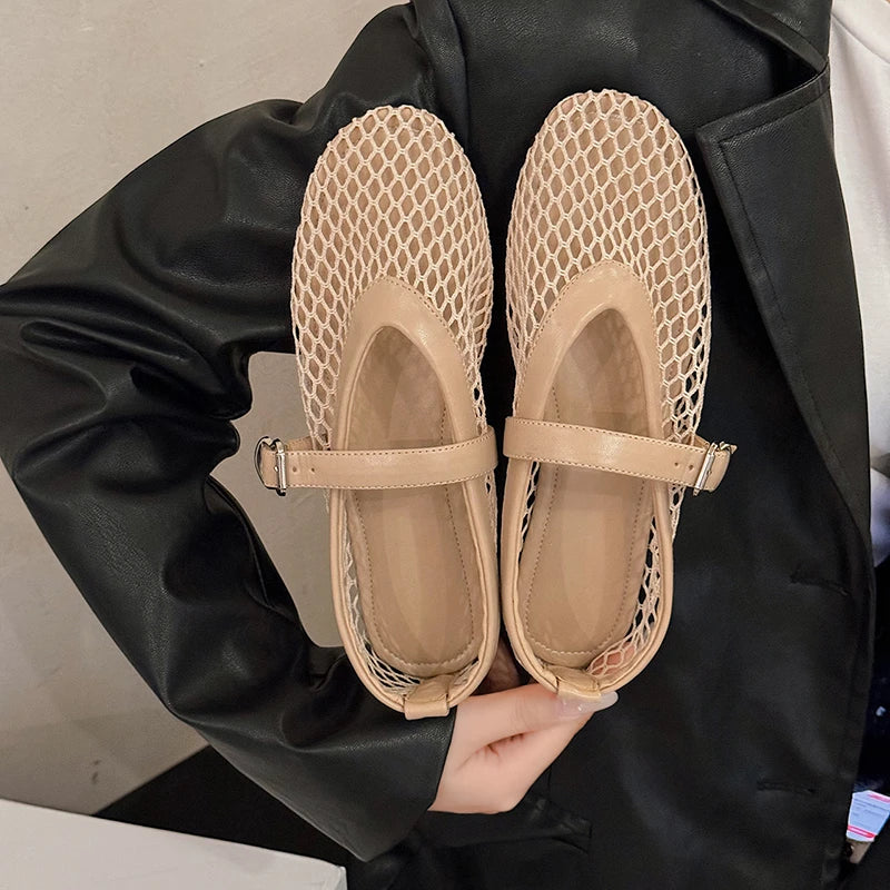 2025 Women’s Round Toe Flat Shoes — Breathable Hollow Ballet Mary Jane Sandals Casual Designer Style