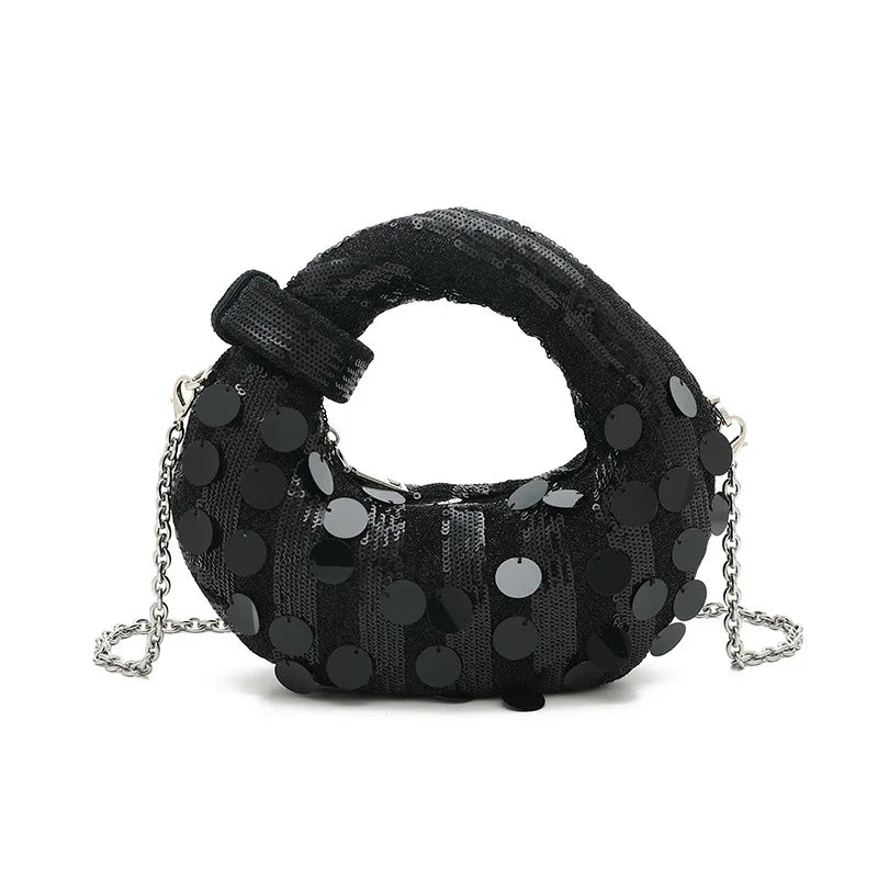 Half Moon Evening Clutch Party Bags For Women Luxury Designer Denim Tassel Rhinestone Handbag Shiny Sequins Chain Shoulder Purse