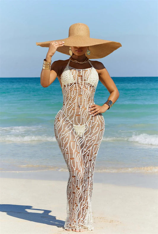 Women 3 Pieces Sexy Beach Bikini Set Backless Hollow Out Hole Knit Long Dress Cover Up+Lace Up Halter Bra Top+Underwear Swimsuit