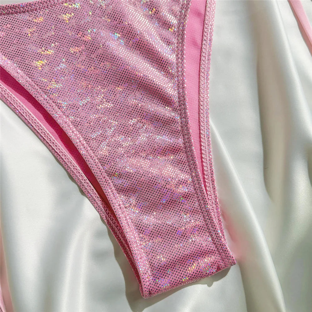 Women’s Pink Shiny String Halter Micro Bikini