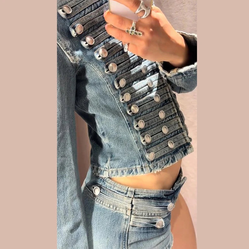 Chic Stand‑Collar Denim Coat & Shorts Suit