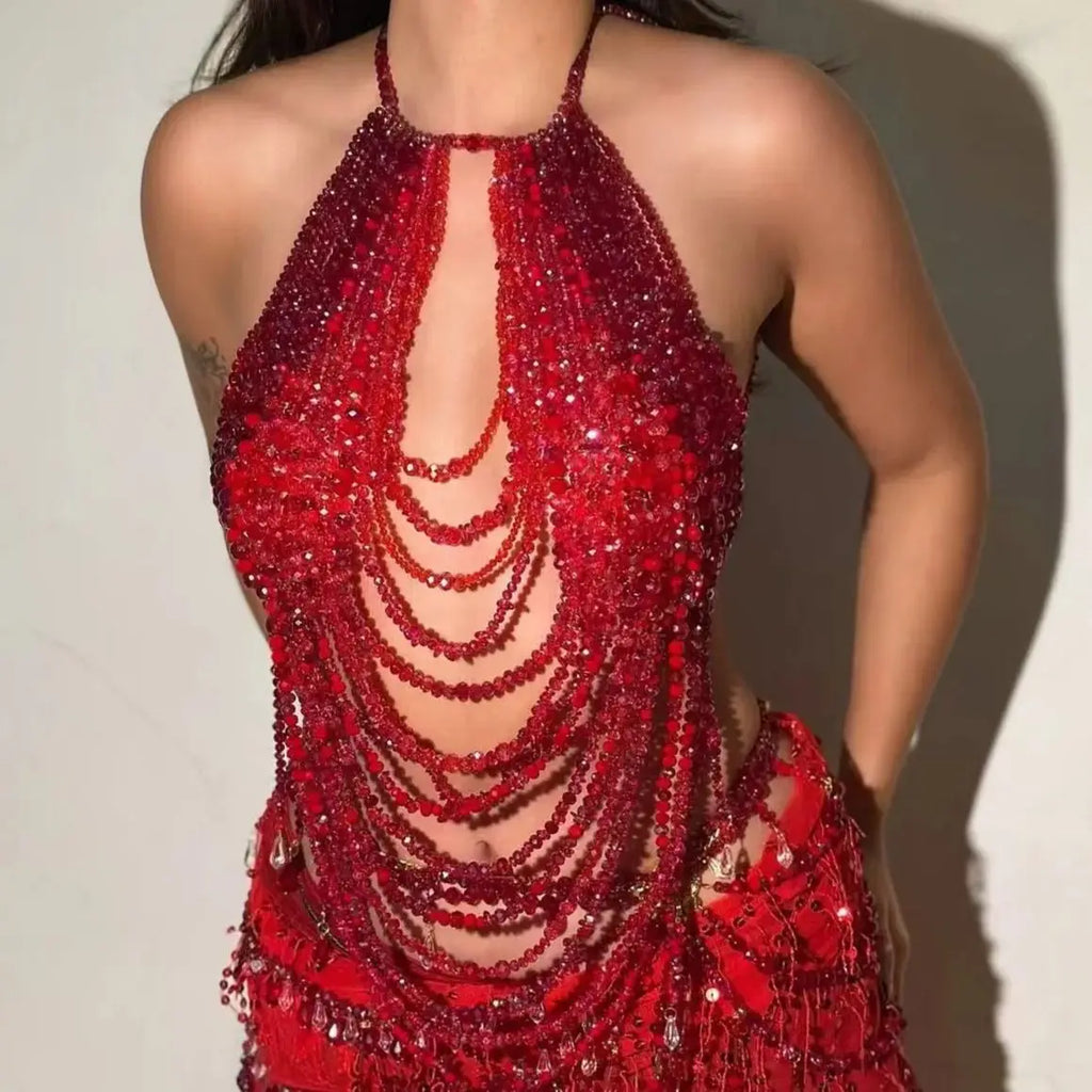 2025 Red Heavy Metal Beaded Body Chain — Y2K Cutout Sexy Nightclub Party Top for Women