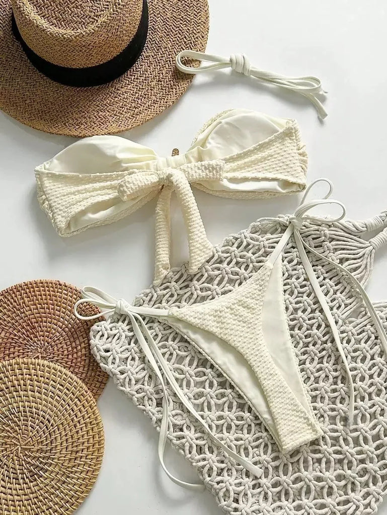 Women’s Solid Lace‑Up Bikini – European/American Fresh‑Style Split Swimsuit | 2026 Summer Beachwear