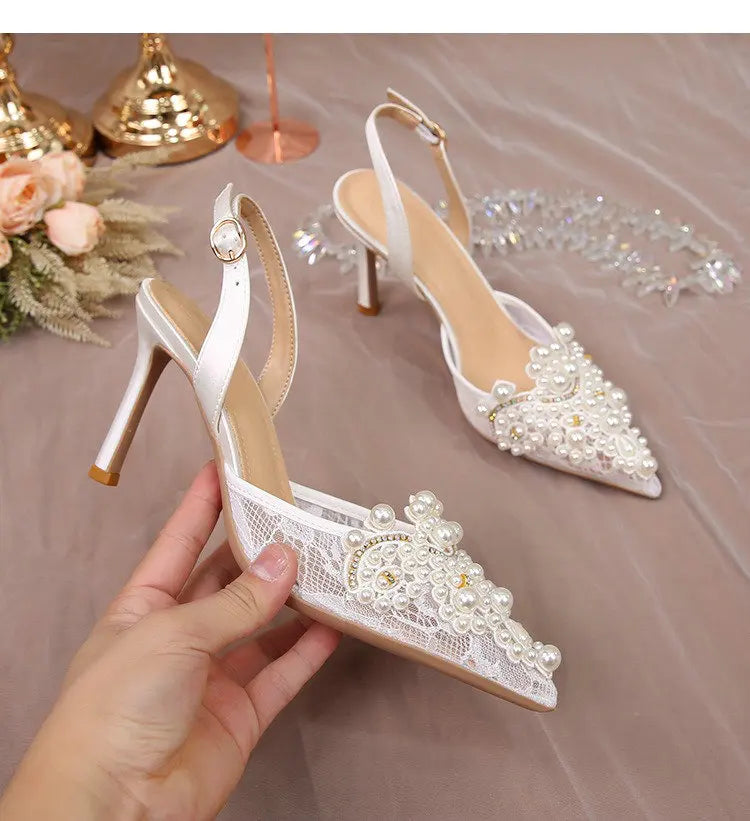 2025 White Wedding Shoes Bridesmaid Shoes Women's Lace Shoes Fashion High Heels Pearl Pumps