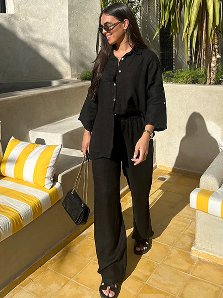 Casual Women Trousers Sets Lapel Single Breasted Long Sleeve Loose Top Wide Leg Pant Set 2025 Summer Cotton Linen Lady Suits