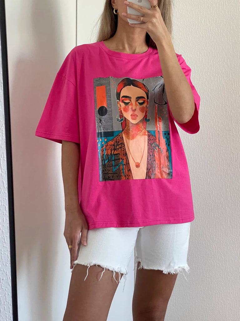 100% Cotton Women's Oversized T-shirts with Print Comics Tees Simple Short Sleeve Tops Summer Basic Soft T-shirt for Women 2023
