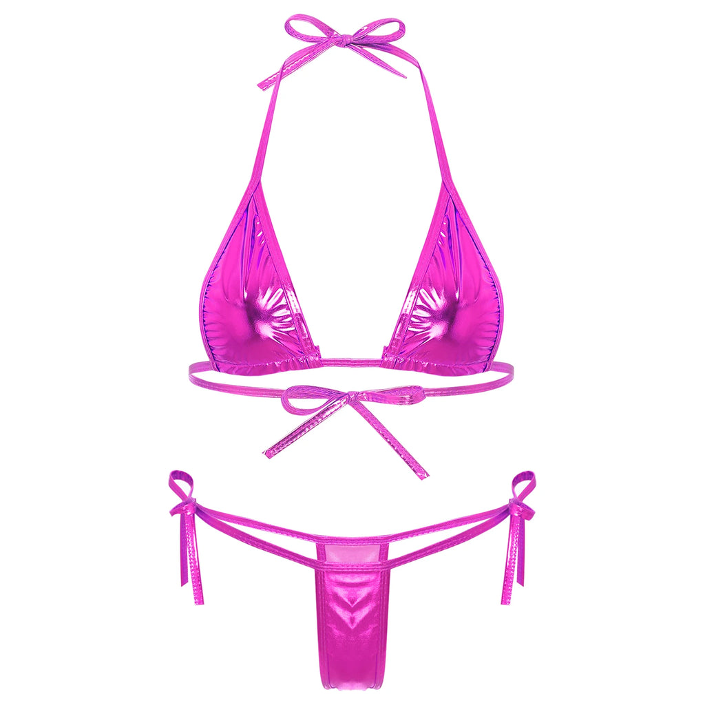 Women’s Metallic Shiny Bikini Set – Lacing Brazilian Micro Swimsuit with Triangle Top & G‑String Bottoms
