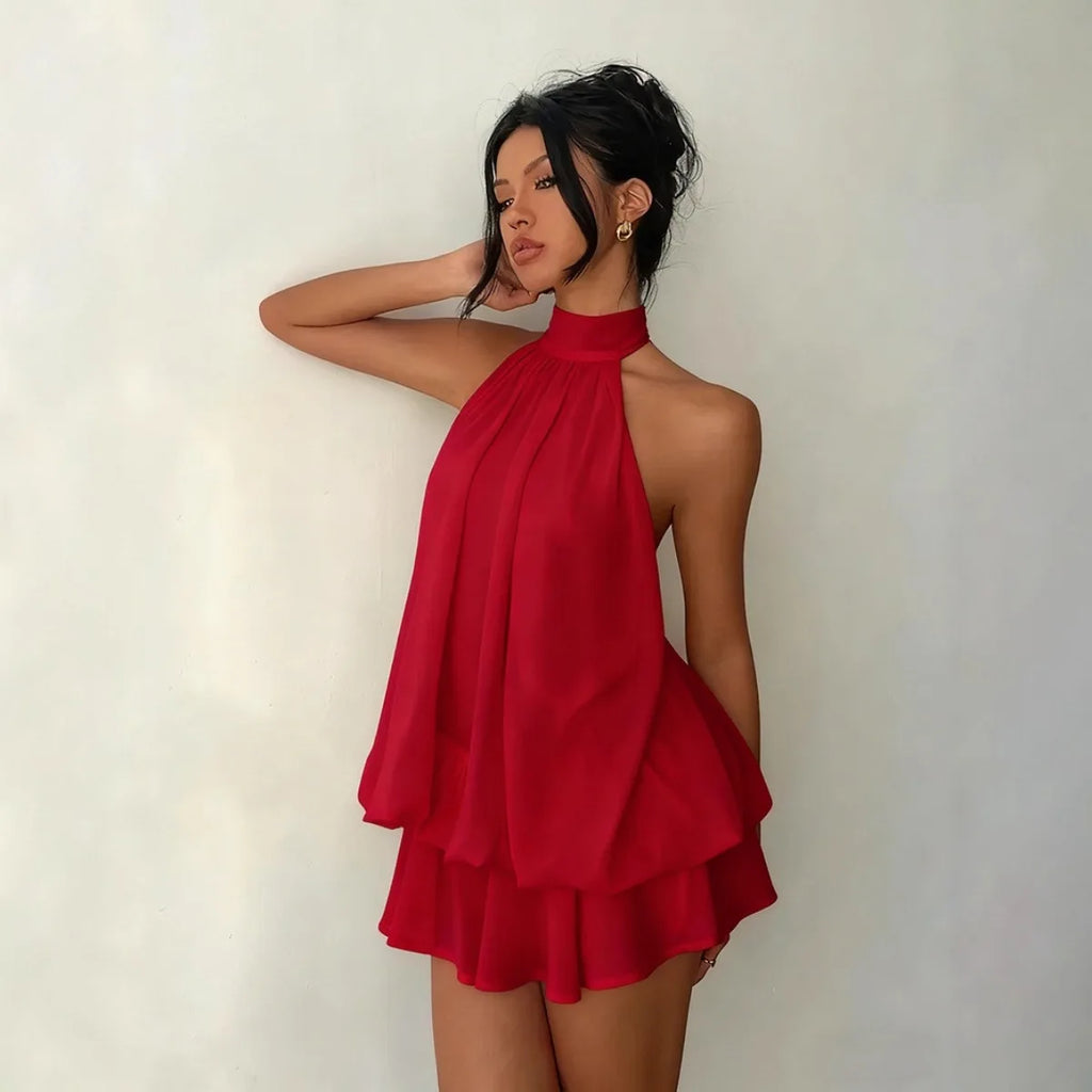 Women’s Backless Halter Neck Dress – Tie‑Front Chiffon Sheer Mini Skirt, Sexy Y2K Vintage Party Dress