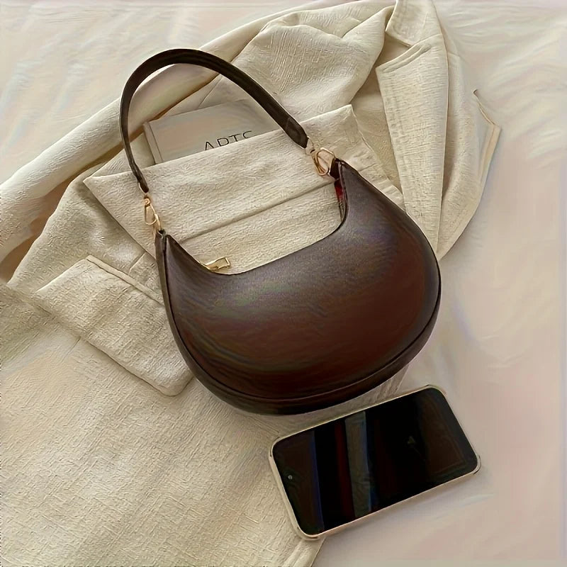 Vintage Tote Bag Retro Half Moon Pu Leather Handbag Shoulder Bags for Women Detachable Strap, Zipper Closure, Polyester Lining