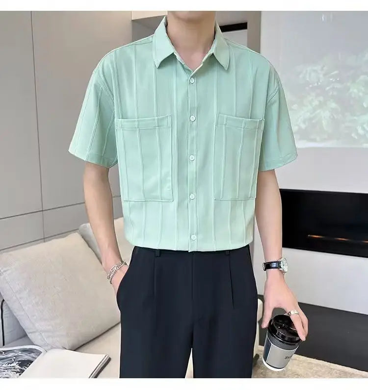 Premium Stripe Jacquard Short‑Sleeve Shirt