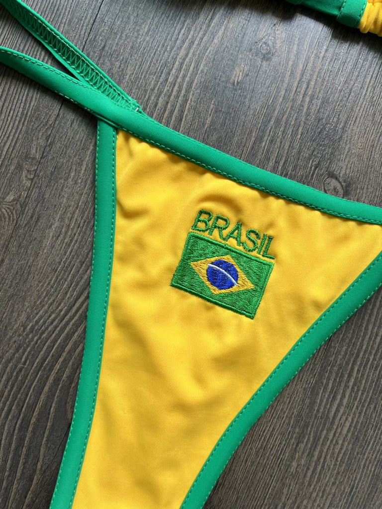 2026 Sexy Embroidery Brasil Flag Contrast Split Bikini Set Women Swimwear Patchwork Swimsuit Hottie Outfit SummerBeachwear