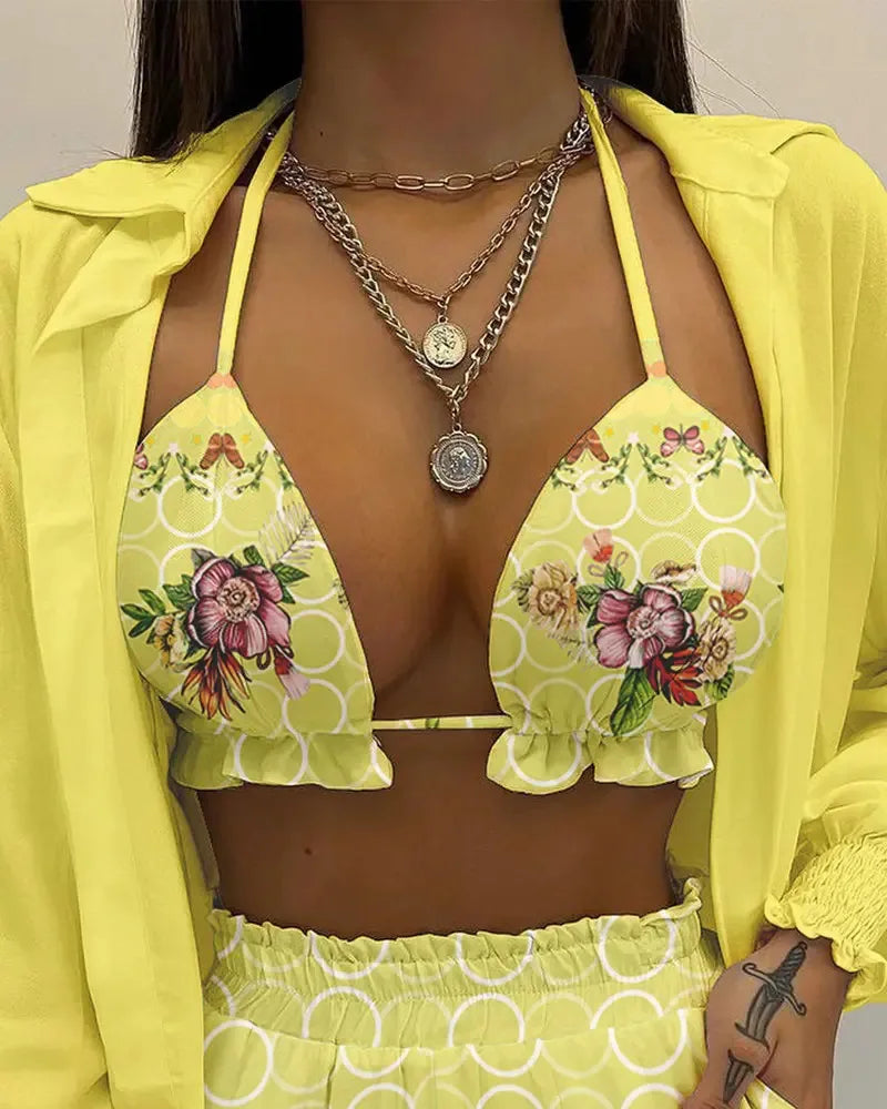 Women’s 2024 High‑Waist 3‑Piece Bikini Set – Printed Swimsuit with Shorts Cover‑Up Summer Beachwear