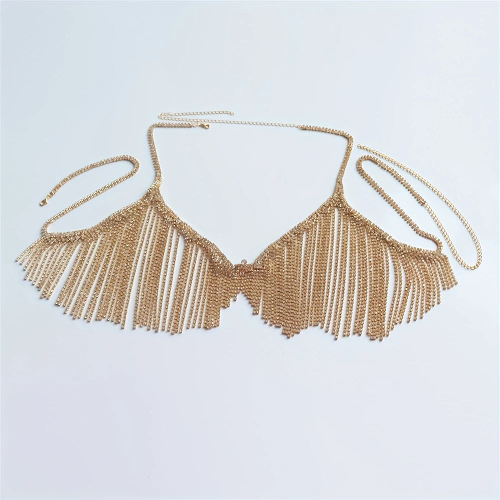 Sexy Bling Tassel Rhinestone Bra Body Chain Exaggerated Women's Crystal Bikini Fun Valentine's Day Gift