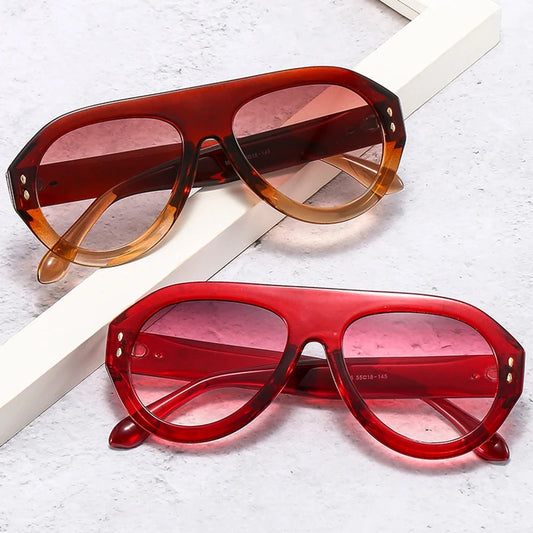 SO&EI Ins Popular Fashion Pilot Sunglasses Women Shades UV400 Retro Rivets Decoration Gradient Trending Men Round Sun Glasses